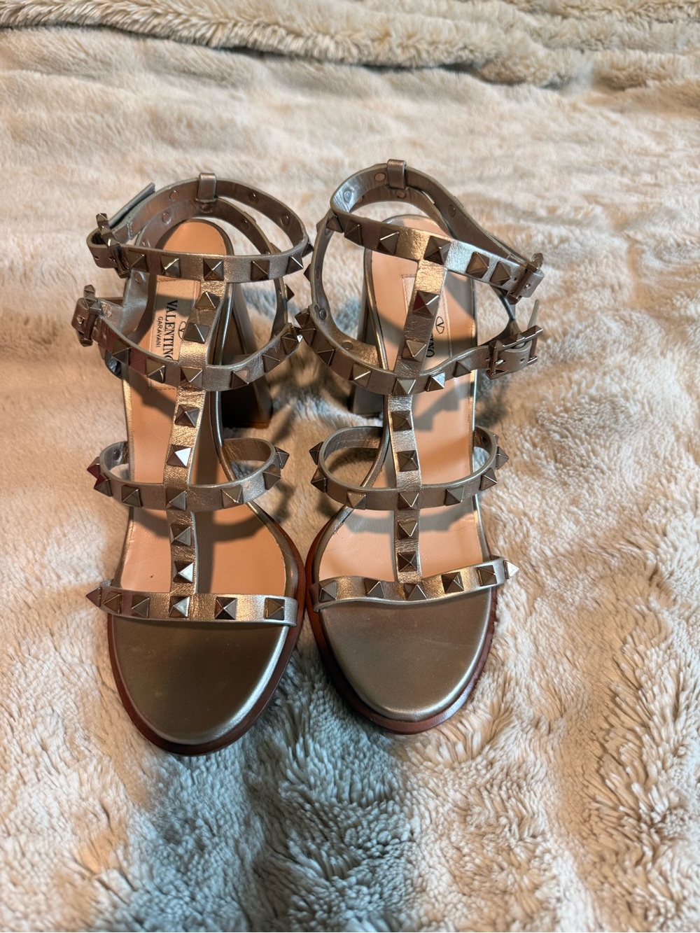 Valentino Garavani Metallic Silver Pyramid-Stud Strappy Block Heels